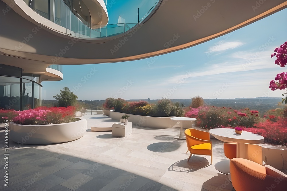Fototapeta premium From a broad perspective on a bright summer day, the building's contemporary architecture contrasts with the clear blue sky, and the lovely terrace is decked out with vibrant flowers and sleek furnish