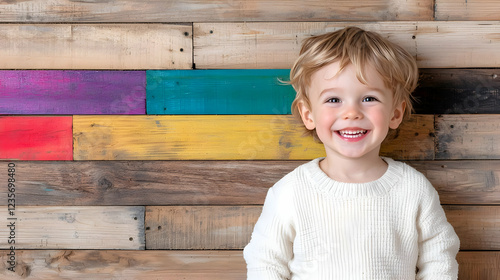 Happy toddler smiling against colorful wood