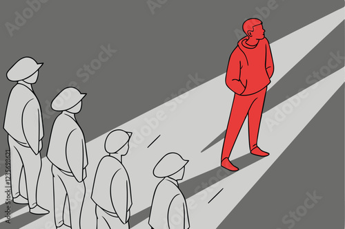 Lone red figure, sea of grey figures, standing out, individuality, conformity, contrast, dark mood, spherical heads, minimalist, conceptual art, social commentary, isolation, uniqueness, crowd psychol