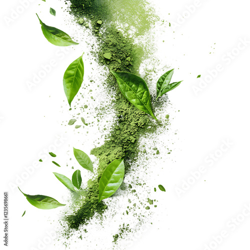 Green tea matcha powder swirling with fresh leaves creating an energetic wave isolated on a transparent background for healthy food advertising.
