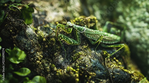 Green Praying Mantis on Mossy Rock in Lush Natural Environment