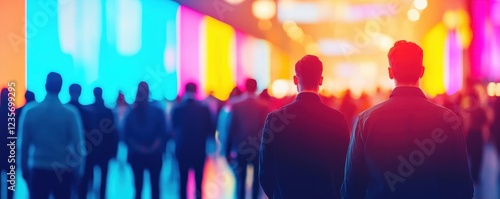 People Watching Colorful Light Display in Urban Space