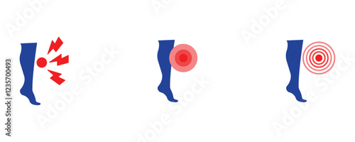 Leg pain icon vector set, pain vector icon set, leg pain icons in three different style isolated on white background.