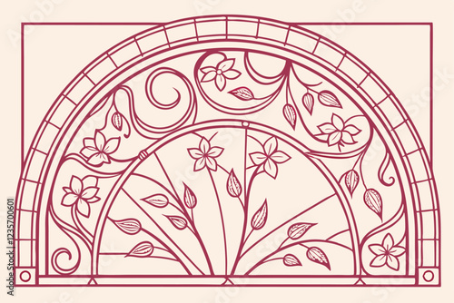 Stained glass window, art nouveau style, floral motifs, arched frame, intricate patterns, pastel colors, symmetrical design, delicate lines, botanical elements, ornate border, translucent appearance, 