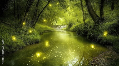Magical forest stream, fireflies, waterfall, fantasy background, nature