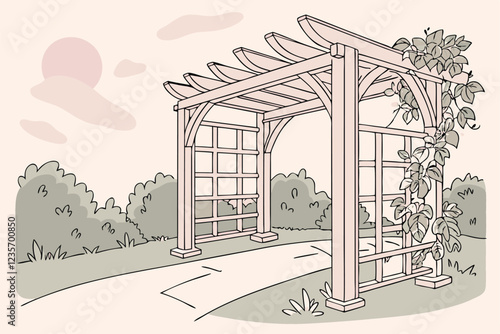 Watercolor painting, rustic wooden garden arbor, timber frame construction, decorative trellises, climbing vines, lush greenery, tranquil garden scene, soft pastel colors, delicate brushstrokes, archi