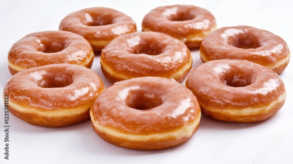 Glazed donuts arranged in a circular pattern on a white background, highlighting their shiny surface Glazed donuts arranged in a circular pattern on a white background, highlighting their shiny surface