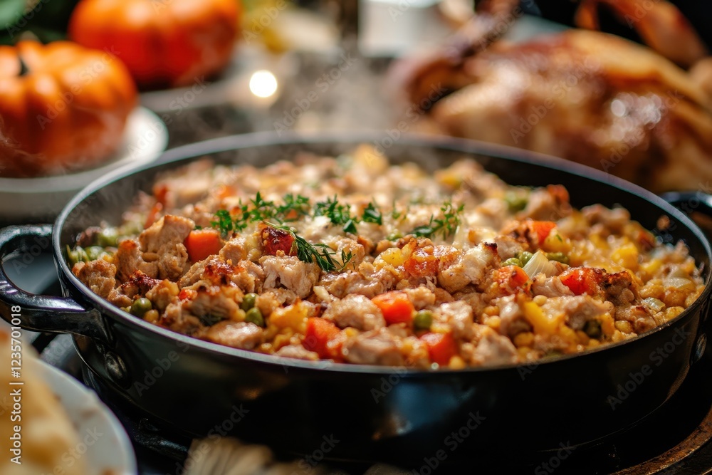 Savory meat stew simmering in a pan for a festive Thanksgiving dinner gathering, meat stew in a pan for thanksgiving holiday
