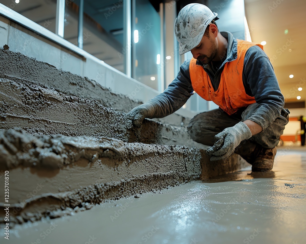 A construction worker applies concrete to a staircase, focused on creating a smooth finish in an indoor setting. A construction worker applies concrete to a staircase, focused on creating a smooth finish in an indoor setting.