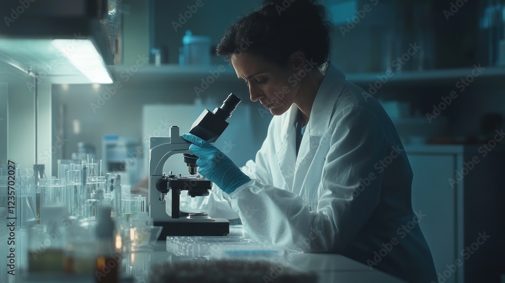 Scientist using microscope in lab at night, research Scientist using microscope in lab at night, research