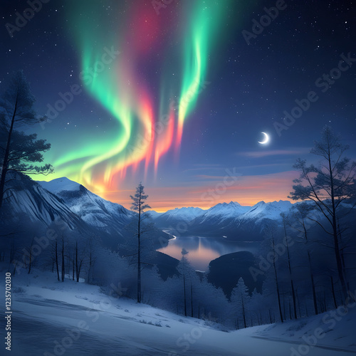 A magical night sky filled with the Northern Lights dancing over a snowy mountain landscape

 photo