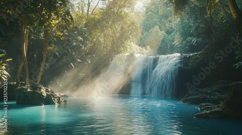 Sunlit Waterfall in Lush Jungle, Serenity