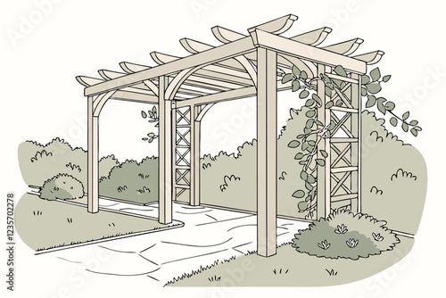 Watercolor painting, rustic wooden garden arbor, timber frame construction, decorative trellises, climbing vines, lush greenery, tranquil garden scene, soft pastel colors, delicate brushstrokes, archi