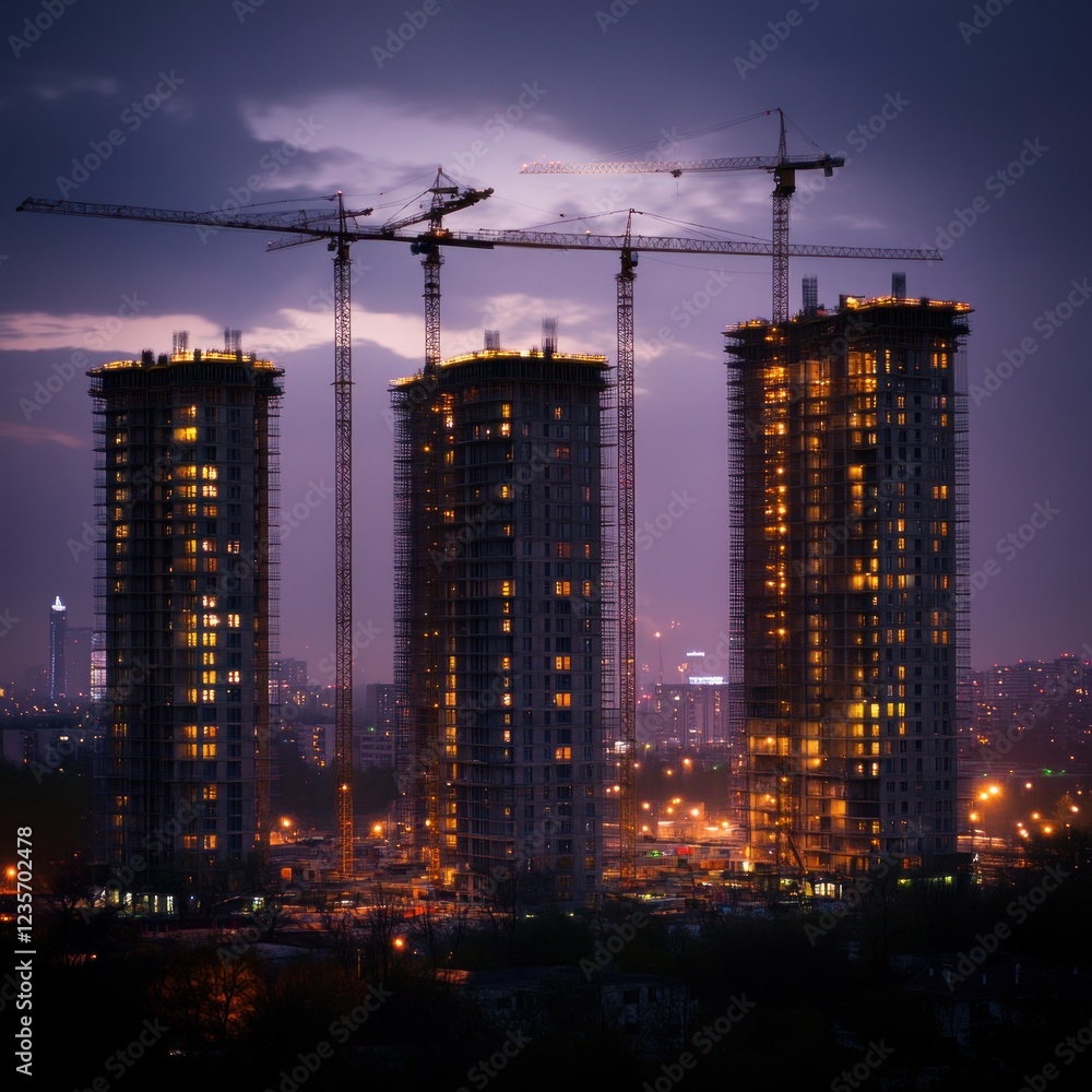 Fototapeta premium Nighttime city construction, three towers under cranes, urban development, skyline