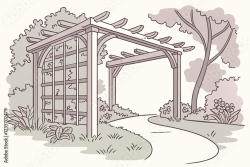 Watercolor painting, rustic wooden garden arbor, timber frame construction, decorative trellises, climbing vines, lush greenery, tranquil garden scene, soft pastel colors, delicate brushstrokes, archi