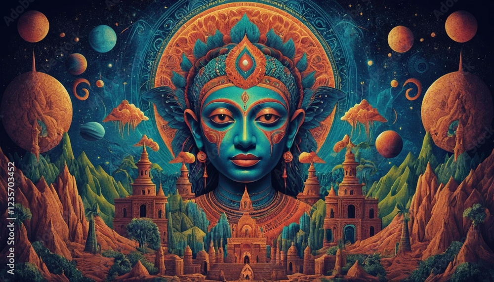 Cosmic Goddess Enthroned: A Vibrant Vision of Celestial Majesty and Architectural Wonders Cosmic Goddess Enthroned: A Vibrant Vision of Celestial Majesty and Architectural Wonders