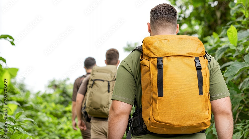 Adventurous Journey Through Lush Tropical Foliage: Three Hikers Explore Verdant Jungle Path Adventurous Journey Through Lush Tropical Foliage: Three Hikers Explore Verdant Jungle Path
