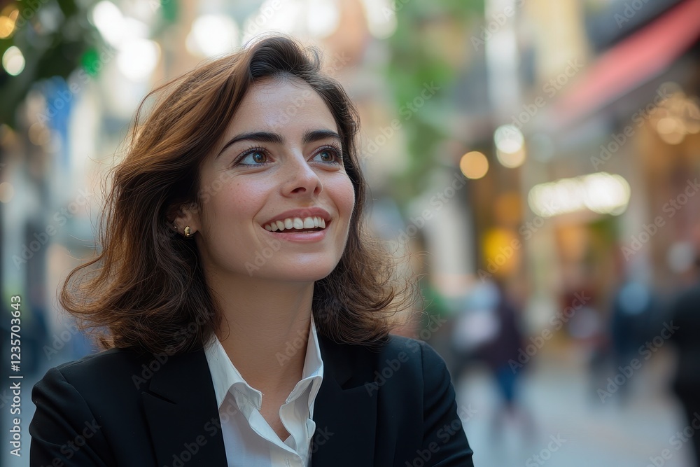 Young business woman engaging in conversation in a lively urban setting during the day, happy young business woman talking about something Young business woman engaging in conversation in a lively urban setting during the day, happy young business woman talking about something