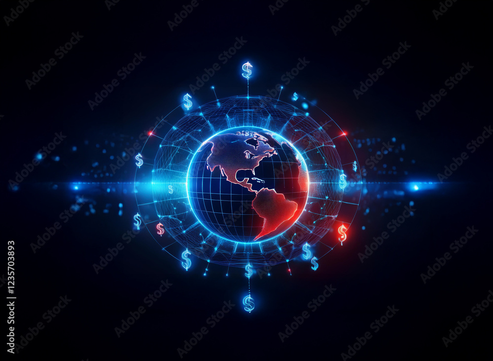 Fototapeta premium A glowing digital globe encircled by currency symbols, representing global finance and digital transactions. Red and blue hues illuminate the interconnected network.