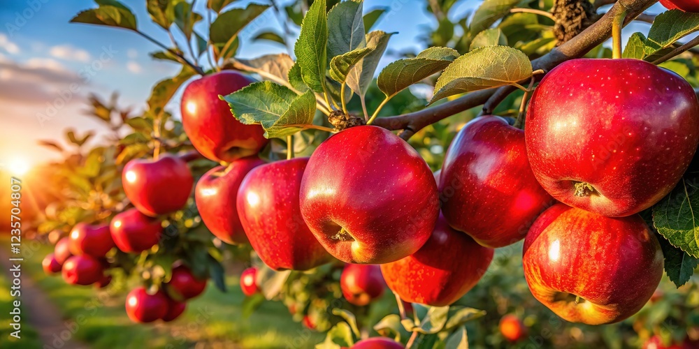 Obraz premium A Quebec orchard tree, laden with red apples, glows under muted sunlight.