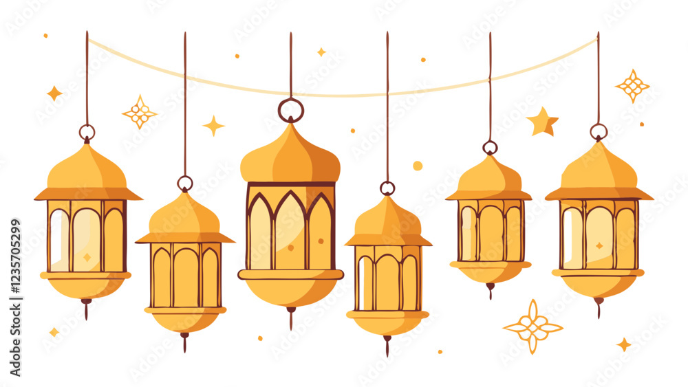 Obraz premium A beautifully illustrated string of golden lanterns hanging on a delicate glowing wire.