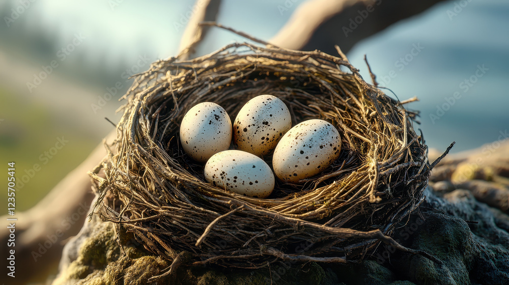 Obraz premium Tiny birds nest with fragile eggs symbolizing nature beauty and life