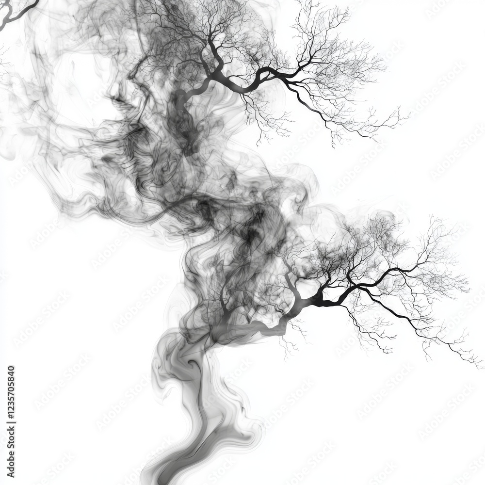 Fototapeta premium Abstract Art Featuring Ethereal Smoke and Branches Creating a Mystical Atmosphere in Monochrome Tones