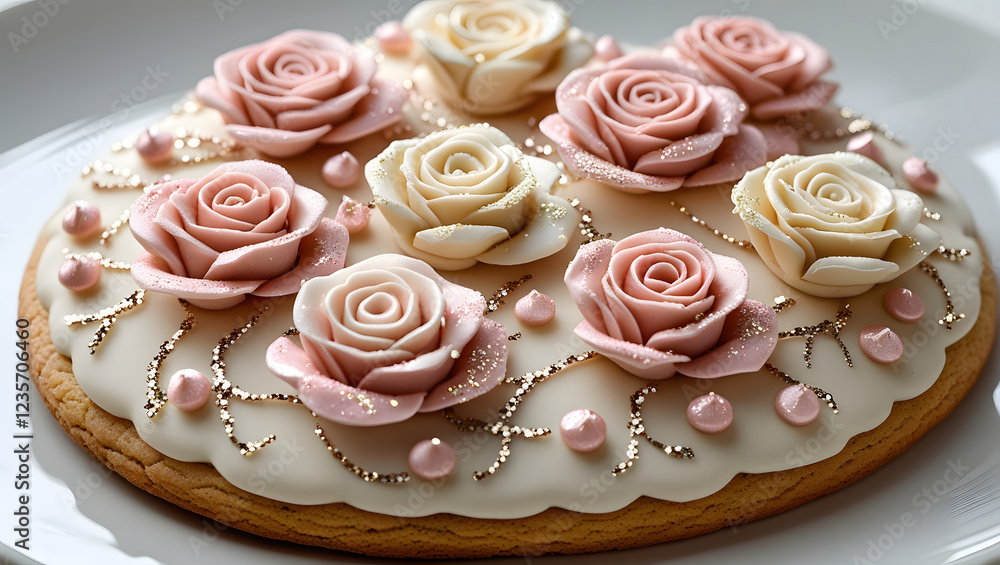 A golden cookie adorned with delicate fondant roses in soft pink and white, dusted with sparkling edible glitter, exudes elegance and romance against a crisp white background. A golden cookie adorned with delicate fondant roses in soft pink and white, dusted with sparkling edible glitter, exudes elegance and romance against a crisp white background.