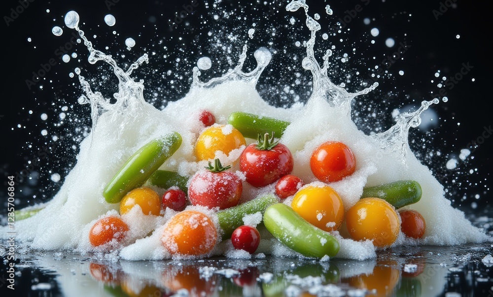 Colorful vegetables splashing in soap bubbles Colorful vegetables splashing in soap bubbles