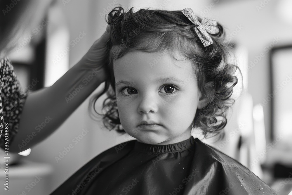 Toddler girl receives a cute haircut from her mom in a cozy home setting, Cute toddler girl getting by haircut by mom