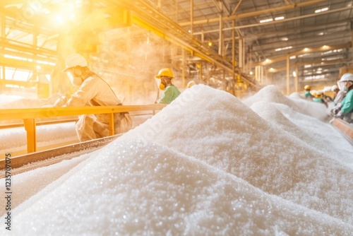 Loading Sugar Bags Onto a Conveyor Belt in a Brightly Lit Factory With Workers in Safety Gear Nearby photo