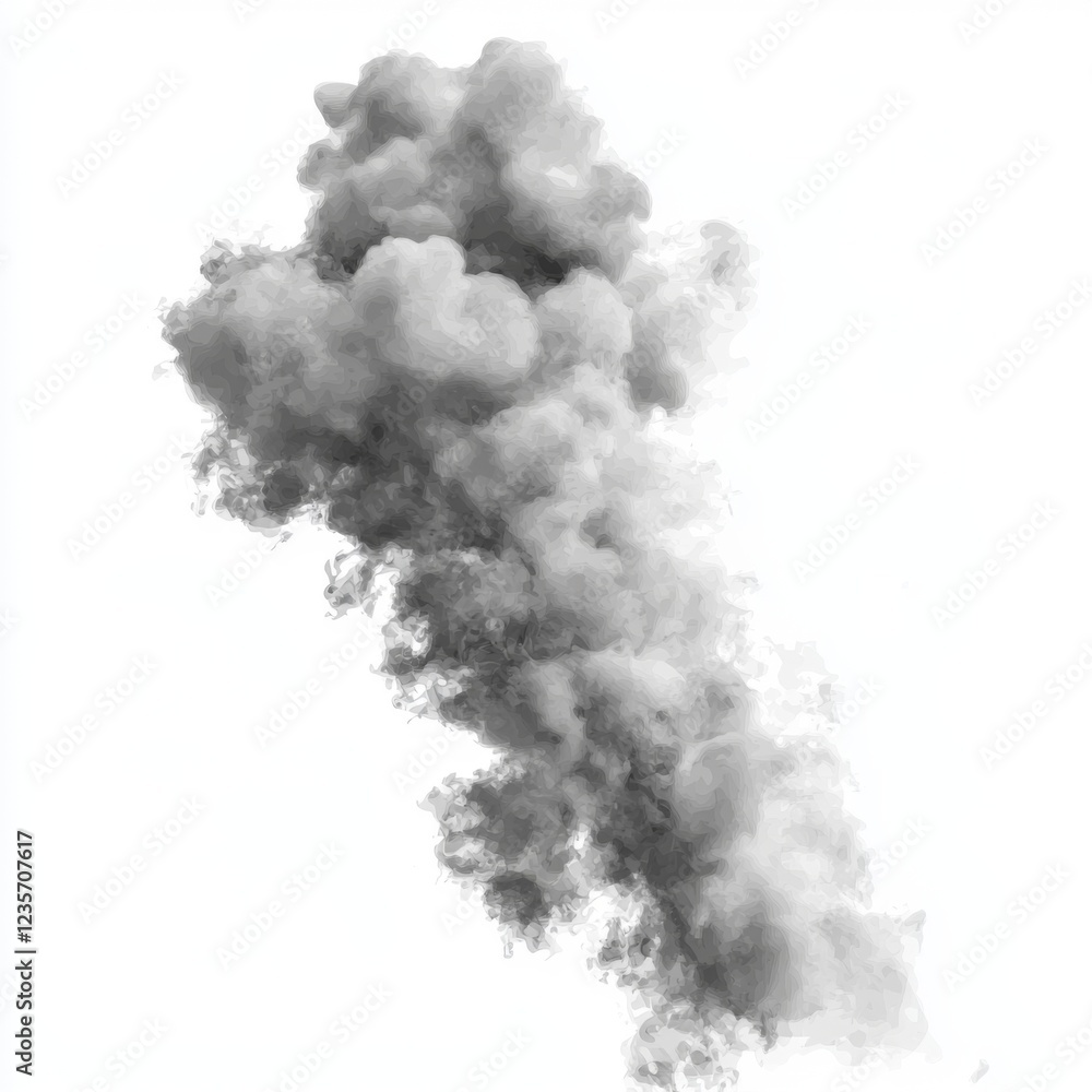 Dense gray smoke plume rising vertically against a white background creating a dramatic and abstract visual effect Dense gray smoke plume rising vertically against a white background creating a dramatic and abstract visual effect