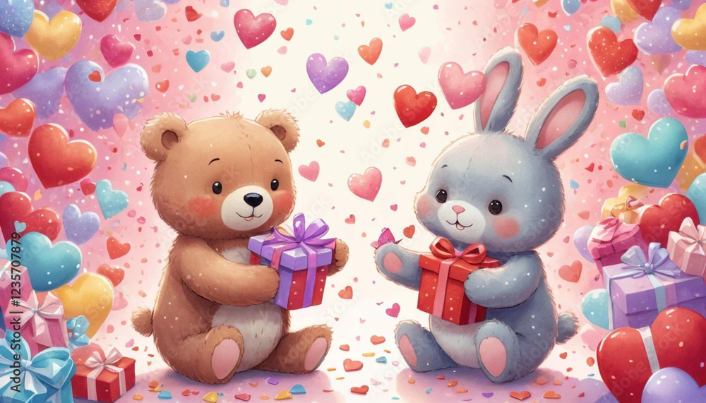 Obraz premium Adorable teddy bear and bunny rabbit exchanging gifts amidst a shower of hearts and confetti for Valentine's Day.