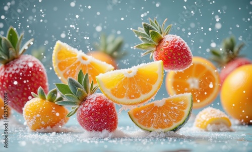 Fresh fruits with sugar crystals and snow photo