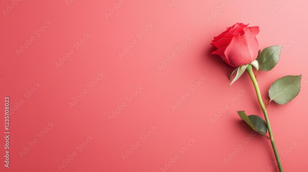 A single long-stemmed red rose lying diagonally across a solid red background, soft natural light highlighting delicate petals, ample space for text. A single long-stemmed red rose lying diagonally across a solid red background, soft natural light highlighting delicate petals, ample space for text.
