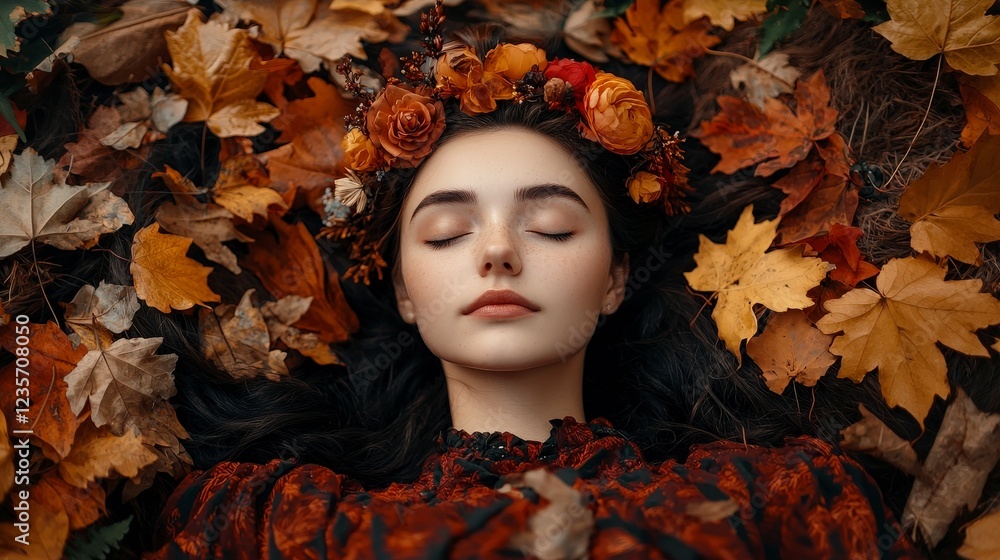 Serene Woman with Floral Crown Surrounded by Autumn Leaves Serene Woman with Floral Crown Surrounded by Autumn Leaves
