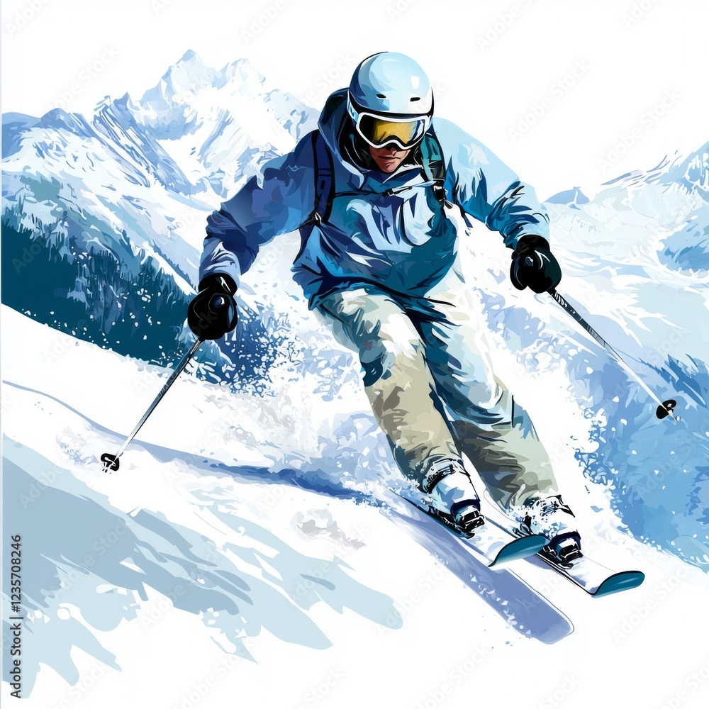 Enthusiastic Skier Racing Down Snowy Mountain Slope with Majestic Peaks in Background Enthusiastic Skier Racing Down Snowy Mountain Slope with Majestic Peaks in Background