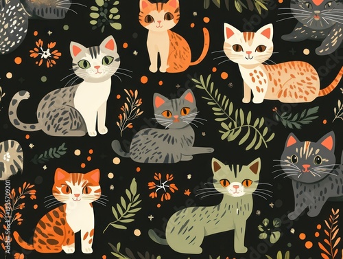 Cute cats pattern, floral background, textile print photo