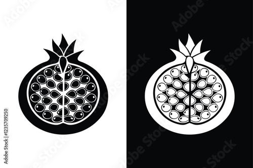 Clean and Simple Pomegranate Silhouette Vector Graphics. pomegranate, food, fruit, seed, illustration, symbol, vector, half