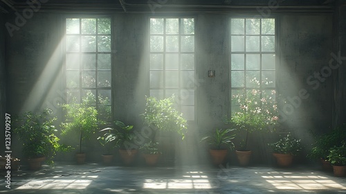 Sunbeams illuminate plants in industrial greenhouse