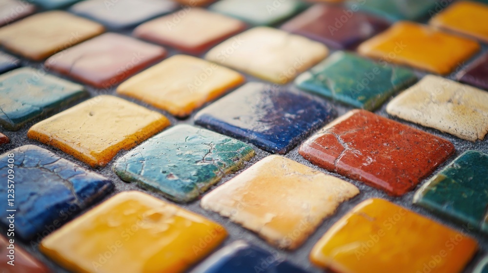 Naklejka premium Colorful Mosaic Tiles Close-Up with Vibrant Patterns and Texture