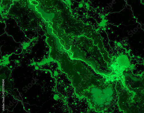 Procedural Bioluminescent Algae Marble with glowing green tides on black, creating a toxic swamp horror texture with eerie, supernatural lighting effects.