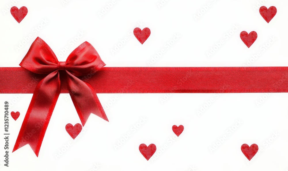 Valentine's day holiday concept, red ribbon with bow, small hearts on white background with copyspace for your text Valentine's day holiday concept, red ribbon with bow, small hearts on white background with copyspace for your text