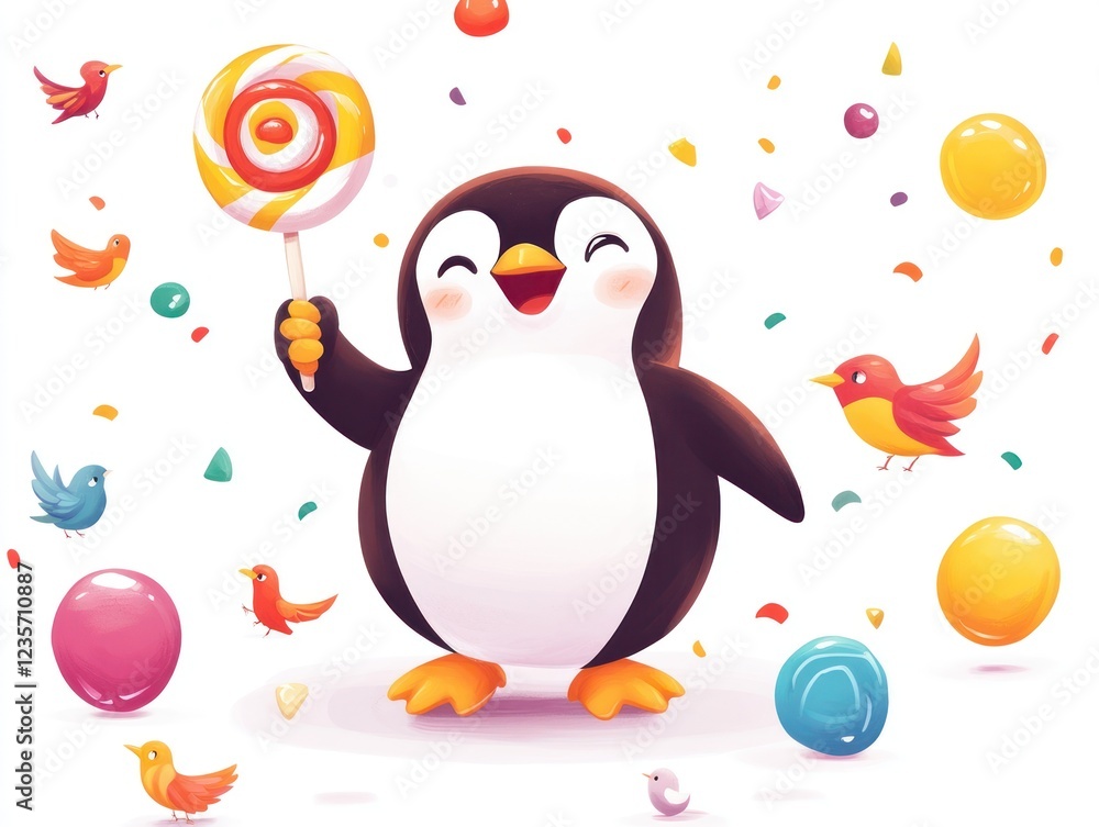 Naklejka premium Happy penguin lollipop confetti party birds