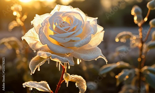 Stunning  White Rose at Sunrise in winter  4K Nature Video Footage