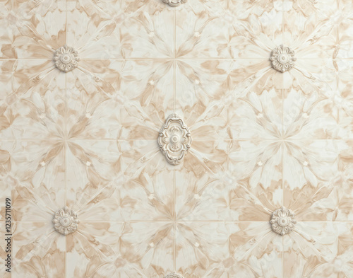 Tessellating Ashford Pearl marble tiles with mother-of-pearl iridescence, featuring Art Nouveau floral vein motifs for an elegant design. photo