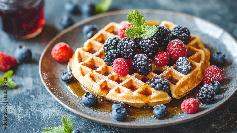 Delicious waffle topped with fresh berries and mint leaves on plate Delicious waffle topped with fresh berries and mint leaves on plate