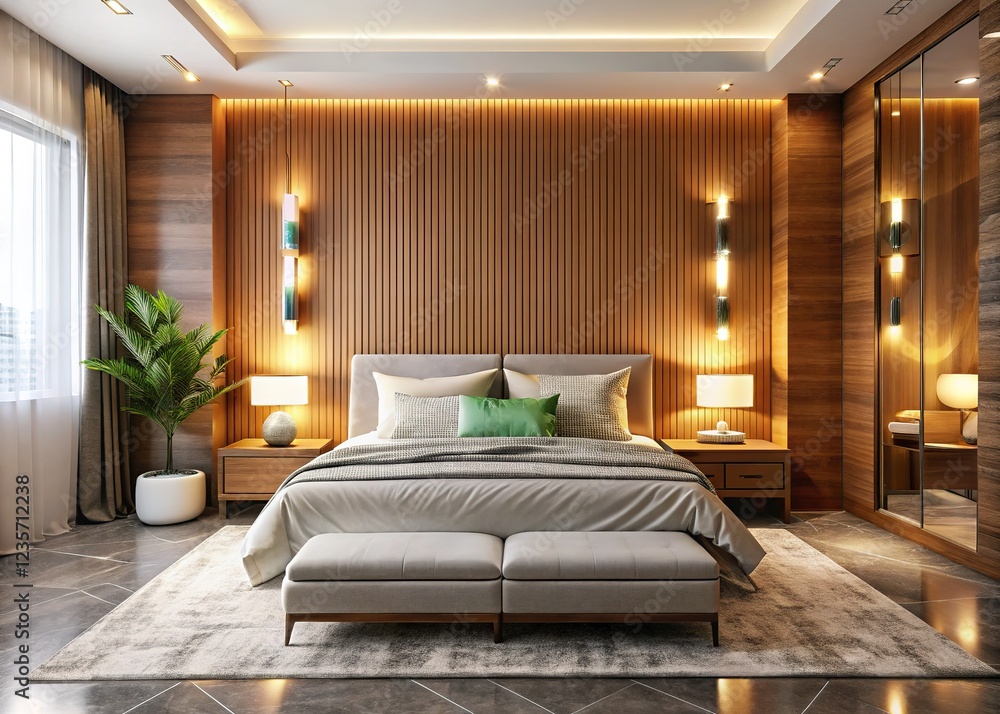 Fototapeta premium Sophisticated modern bedroom with luxurious Carrara marble and wood accents.