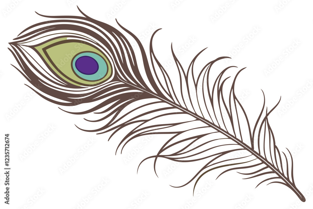 Obraz premium Photorealistic peacock feather, intricate detail, iridescent colors, purple plume, green and blue eyespot, golden brown accents, single feather, white background, high contrast, macro photography, stu