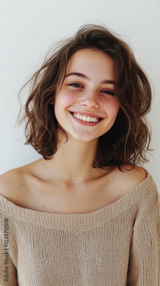 Smiling young woman with wavy hair in cozy sweater against wall Smiling young woman with wavy hair in cozy sweater against wall